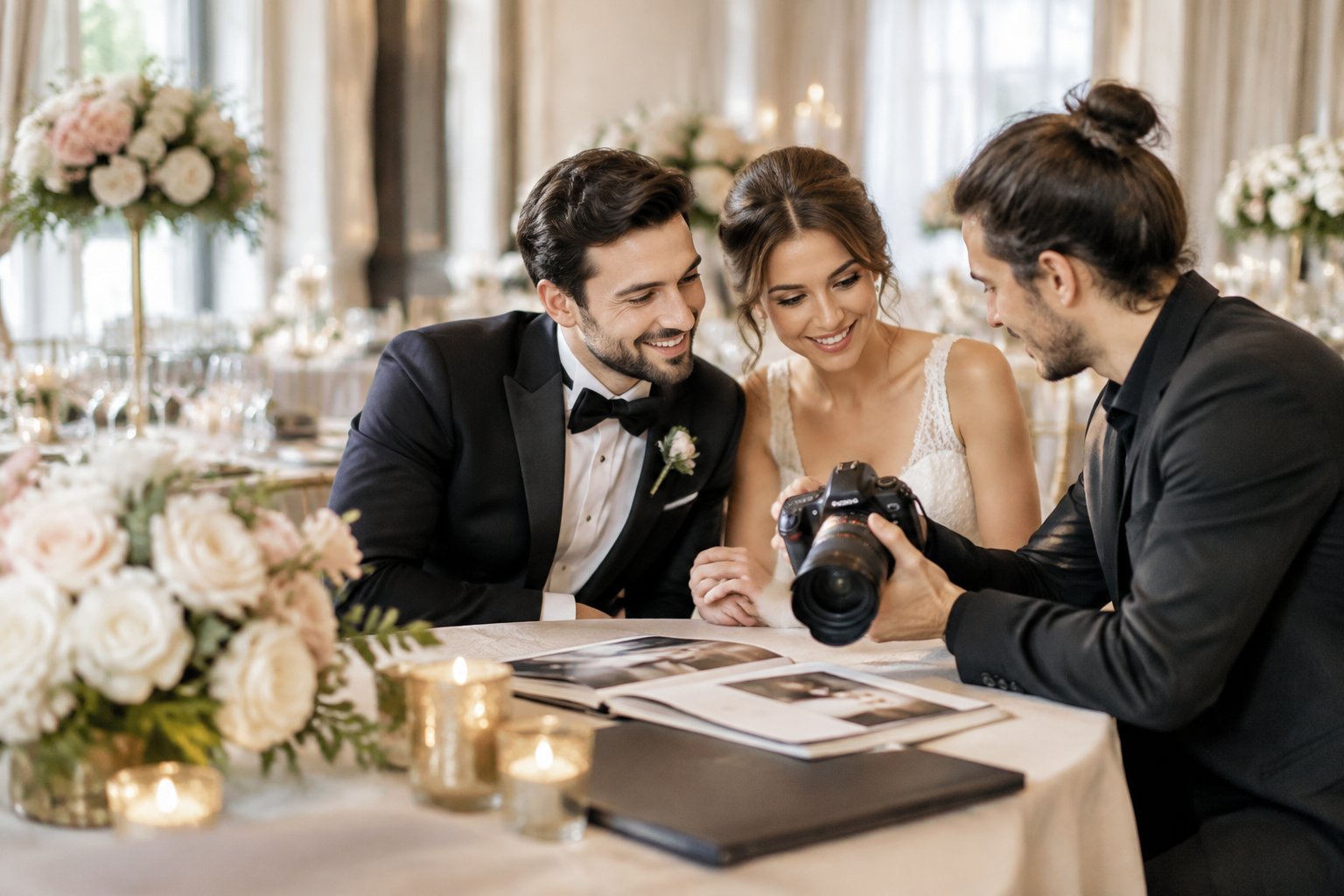 A wedding couple discusses photography services with a professional photographer at an elegant reception venue.