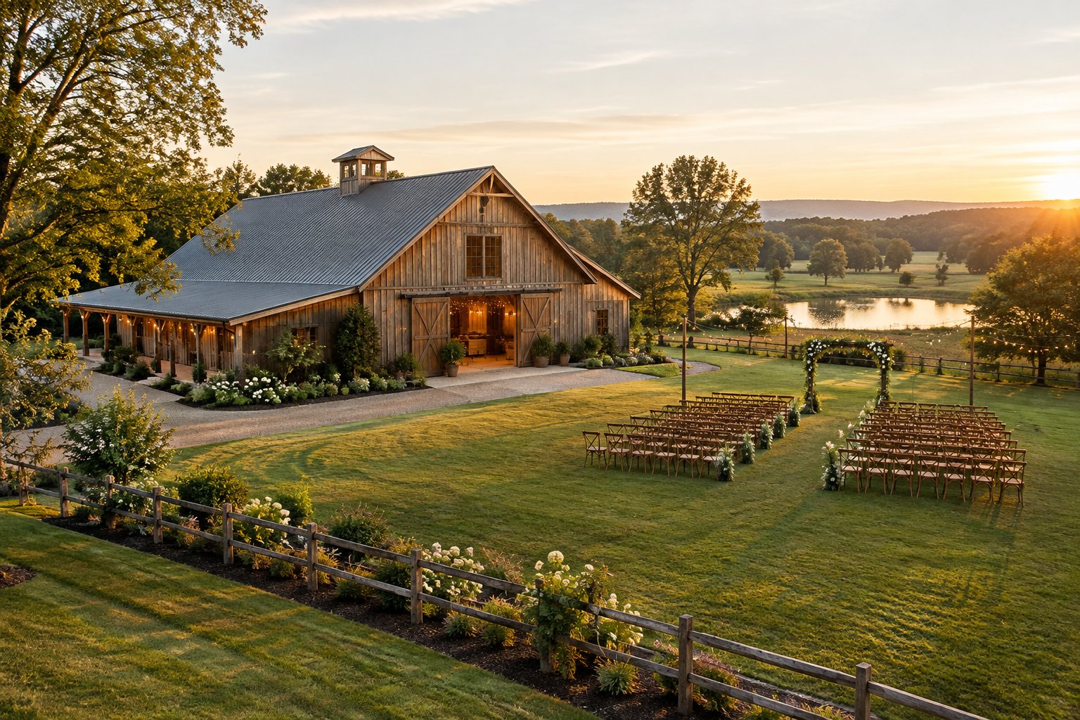 A rustic barn wedding venue surrounded by green lawns, trees, and an outdoor ceremony area.