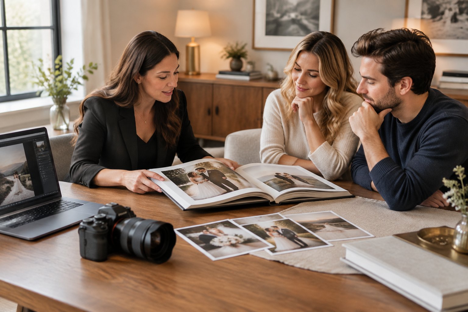 A wedding photographer presents a premium album and camera to an engaged couple during a consultation.