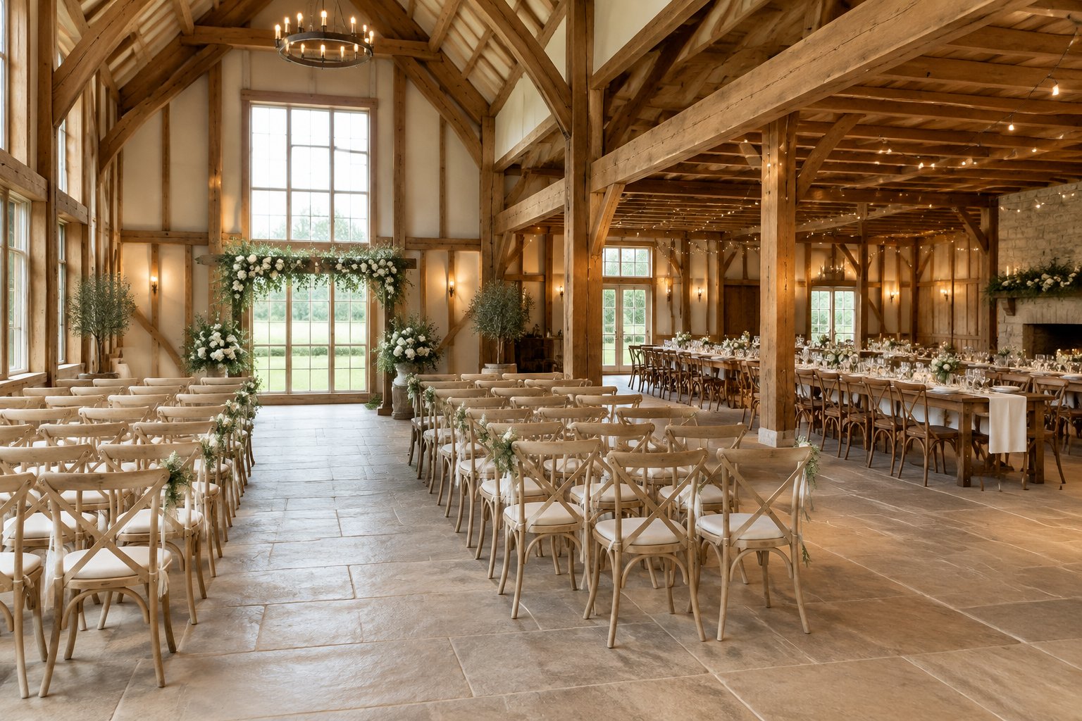 A rustic barn wedding venue arranged with ceremony chairs, a floral altar, and decorated reception tables.