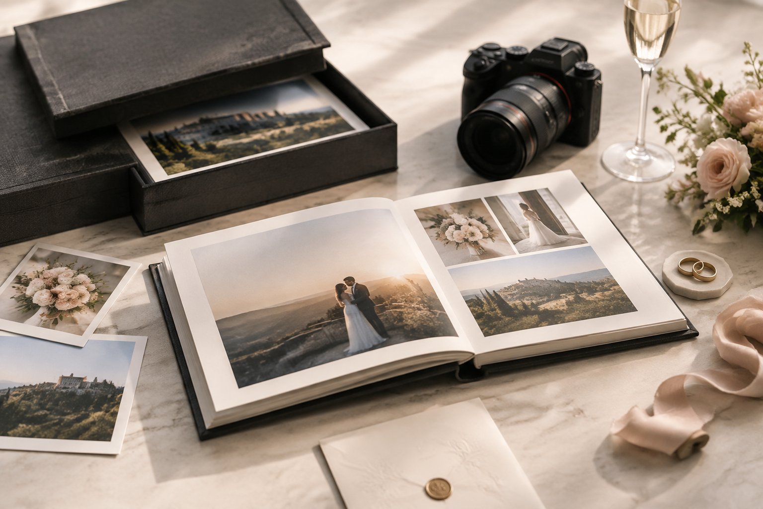 An elegant wedding album and photography equipment arranged with luxury wedding accessories on a studio table.