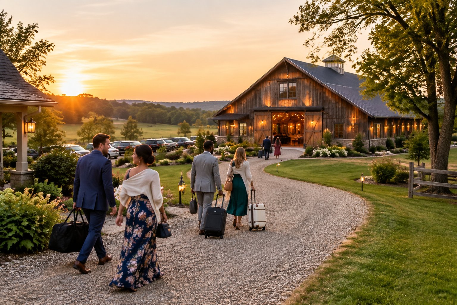 Wedding guests with luggage arrive at a rustic barn venue in the countryside.