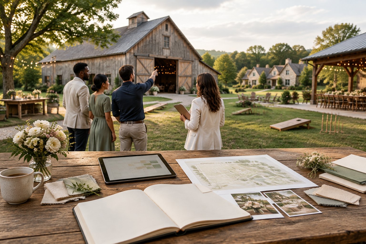 People review wedding weekend plans at a rustic barn venue surrounded by countryside.
