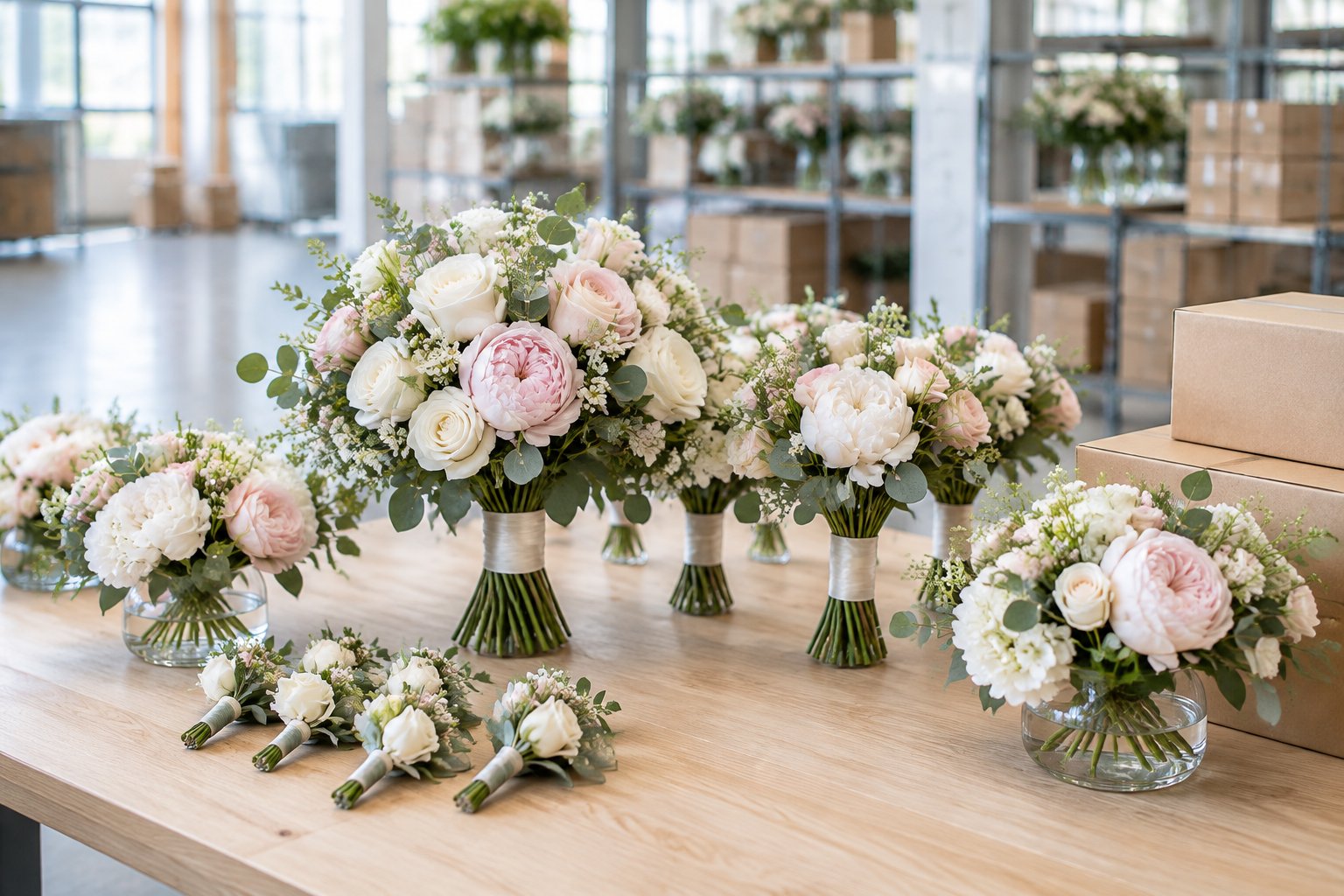 Coordinated white and blush wedding bouquets, boutonnieres, and floral centerpieces arranged on a table.