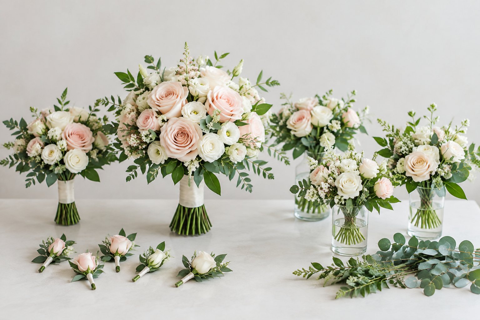 An assortment of white and blush wedding bouquets, boutonnières, centerpieces, and greenery arranged on a table.