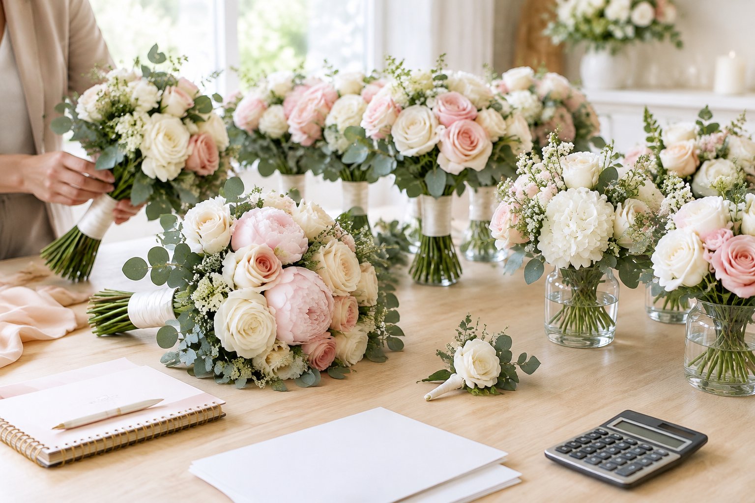 Coordinated wedding bouquets, centerpieces, and a boutonniere arranged on a table with wedding planning materials.