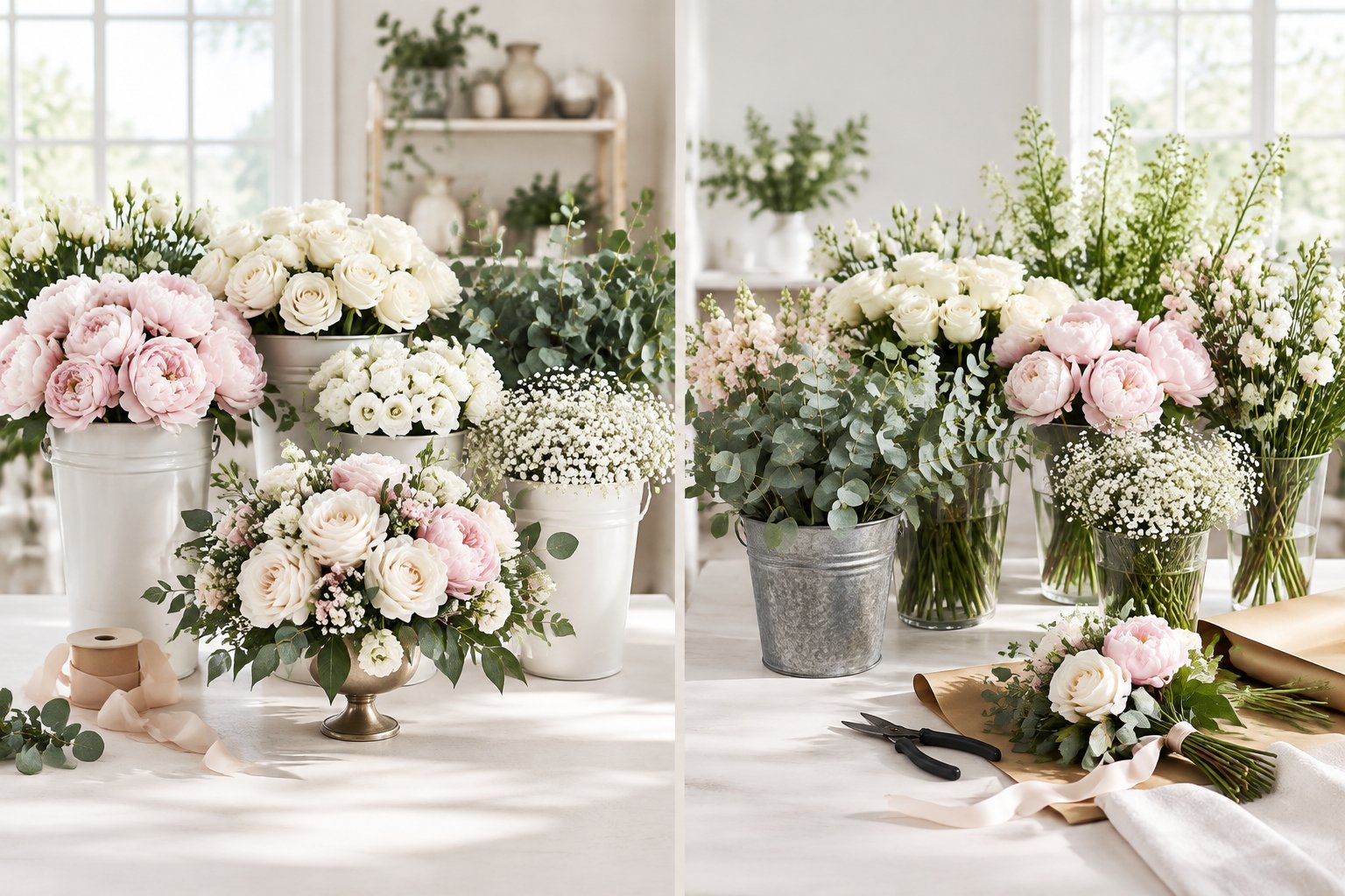 Wedding flowers are arranged as a coordinated package beside loose bulk stems on a floral design table.