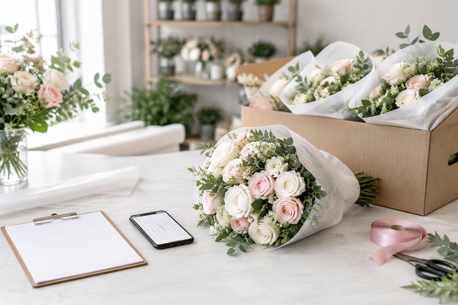 Wedding flowers arranged beside protective packaging and delivery planning materials.