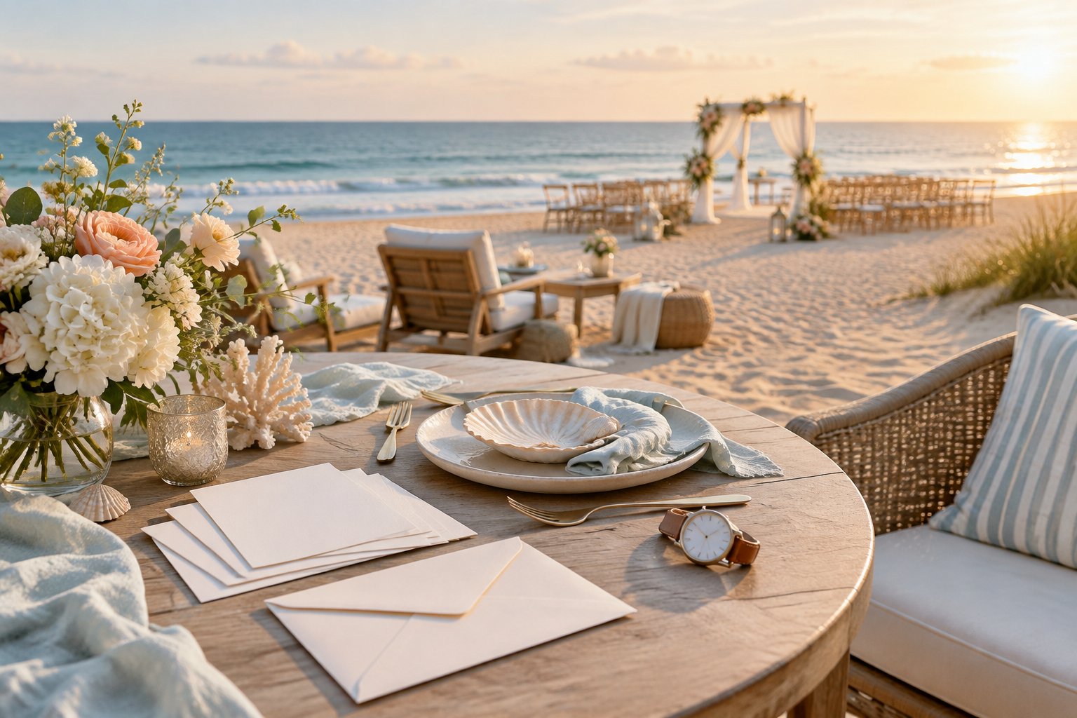 Coastal wedding details arranged on a table beside a calm beach.