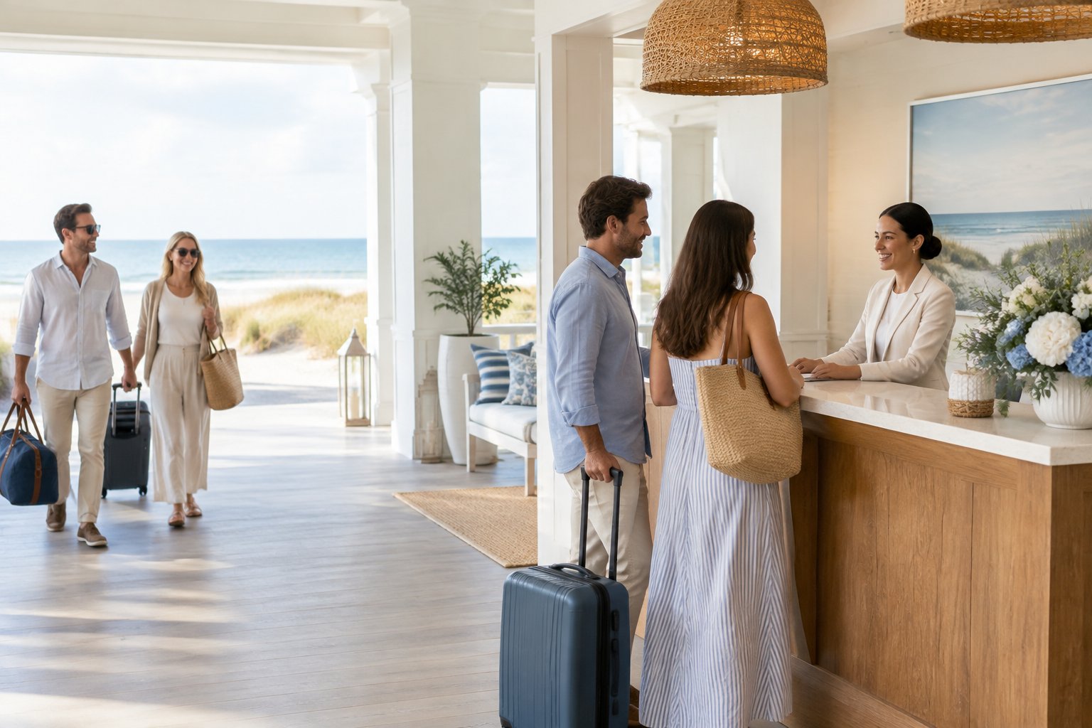 Wedding guests are warmly welcomed at a coastal resort as they arrive with luggage.