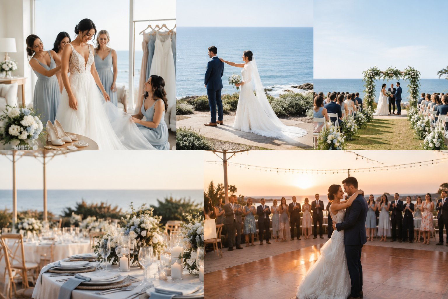 A bride and groom celebrate their coastal wedding day from preparation through an outdoor ceremony and evening reception by the sea.