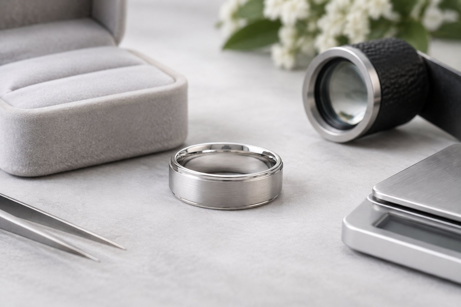 A platinum wedding band displayed on a luxurious jewelry surface beside a ring box and jeweler’s tools.