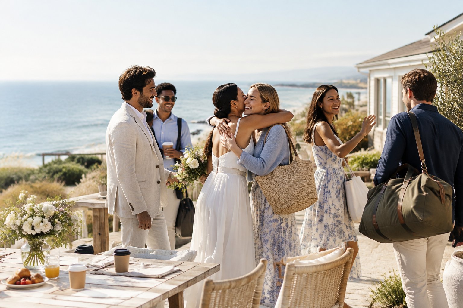 Wedding guests say goodbye at a seaside venue after a coastal wedding weekend.