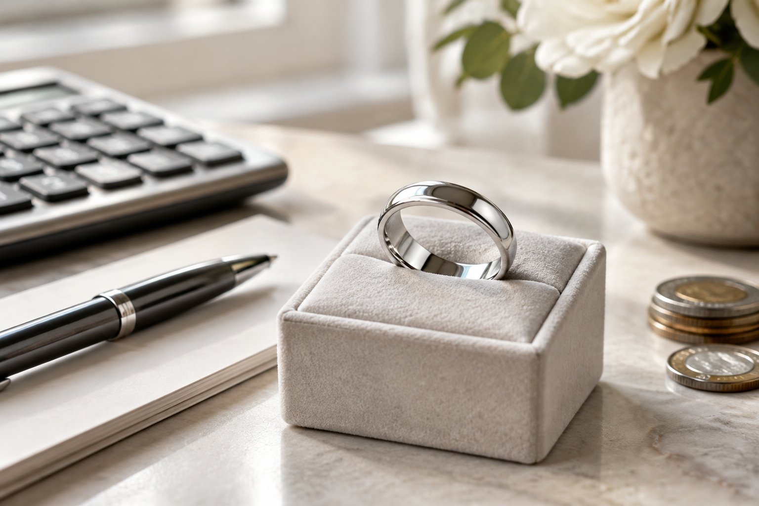 A platinum wedding band displayed beside a calculator and financial papers on a bright tabletop.