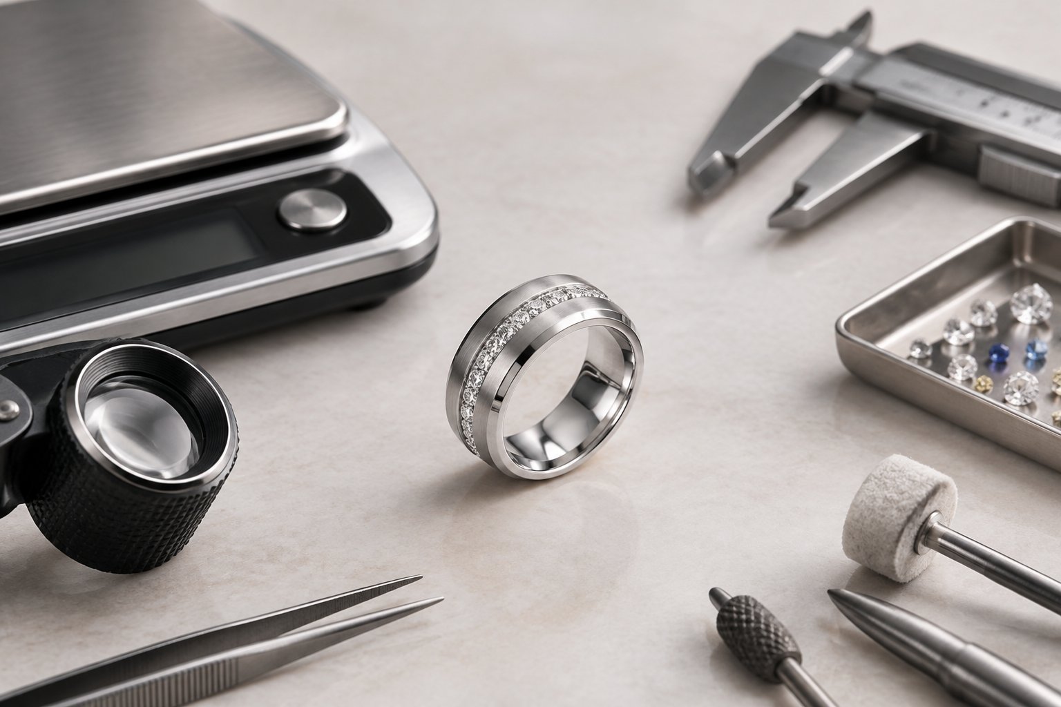 A platinum wedding band beside jewelry-making tools, a precision scale, and loose gemstones on a jeweler’s workbench.