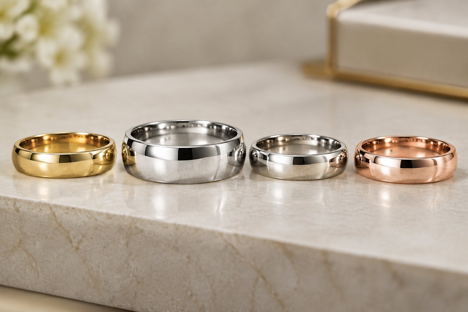 Platinum and gold wedding bands arranged side by side on a jeweler’s display.