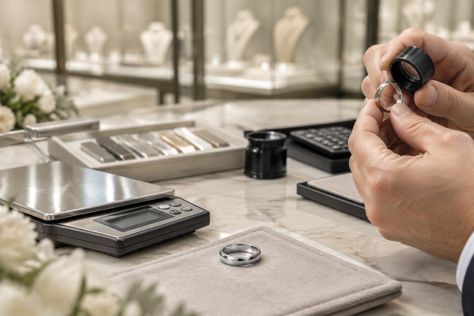 A platinum wedding band displayed on a jewelry counter beside a precision scale and inspection tools.