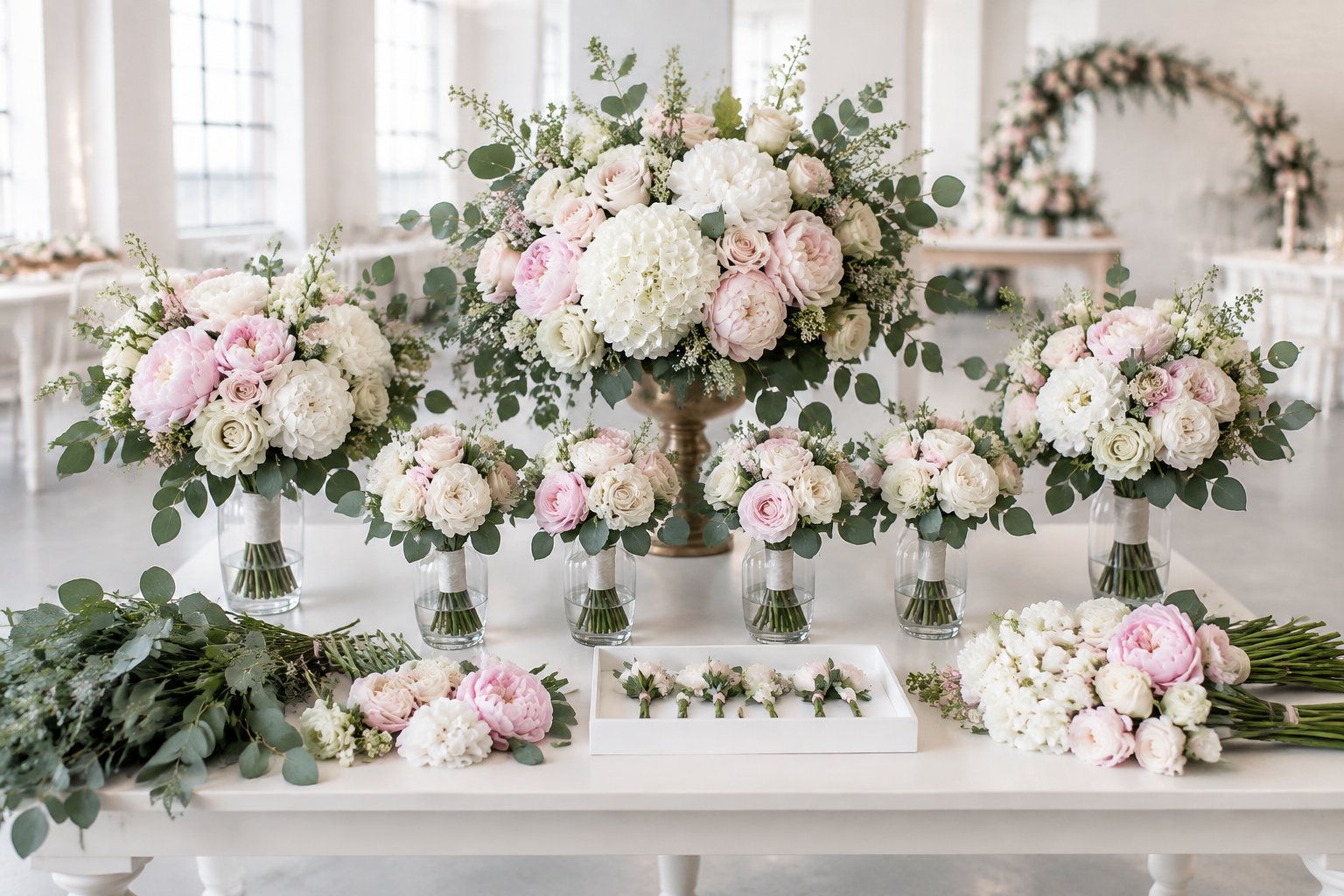 A coordinated collection of wedding bouquets, boutonnieres, and floral centerpieces arranged on a display table.