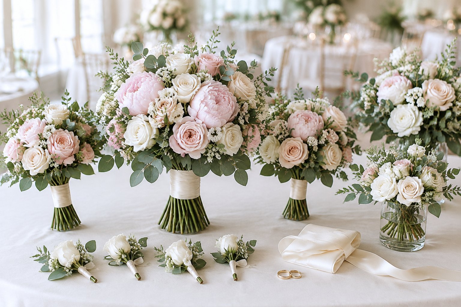 Wedding flower arrangements, bouquets, boutonnieres, and centerpieces displayed together on an elegant table.