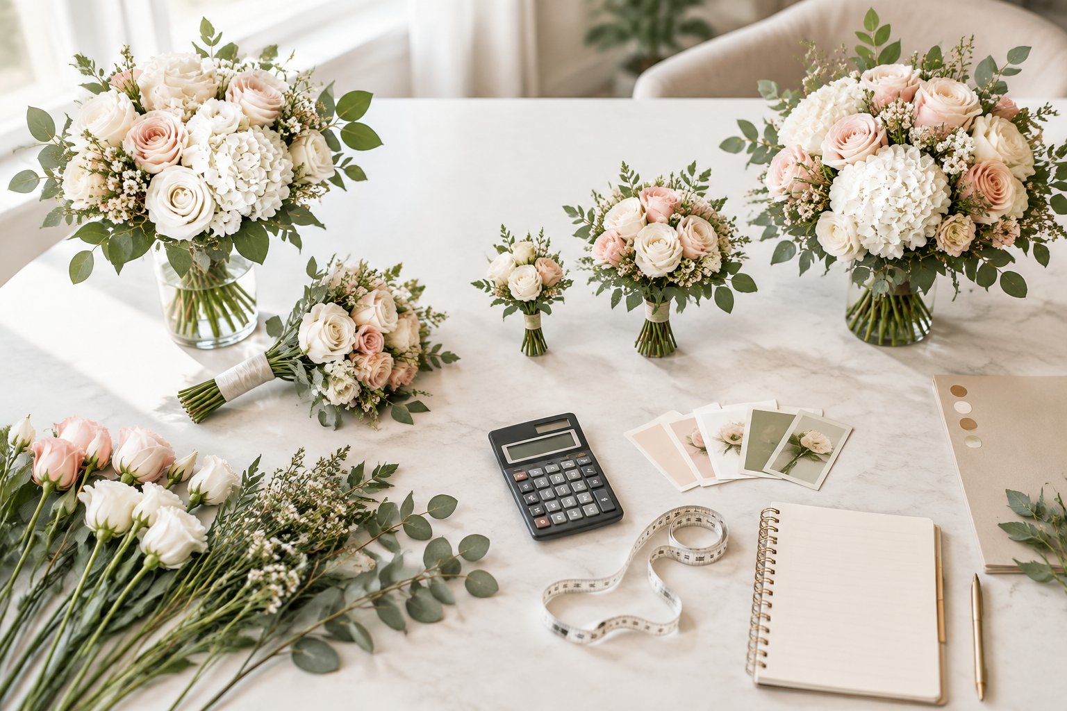 Wedding flowers, bouquets, greenery, and planning supplies arranged on a tabletop.