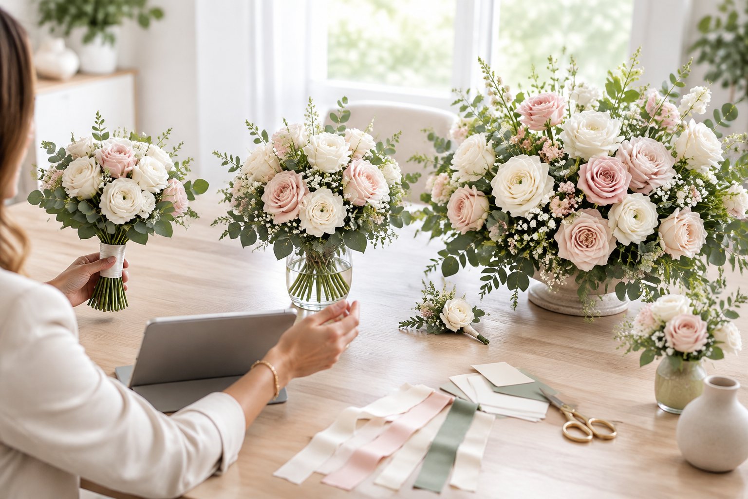 A wedding planner compares three floral arrangements in different sizes on a table.