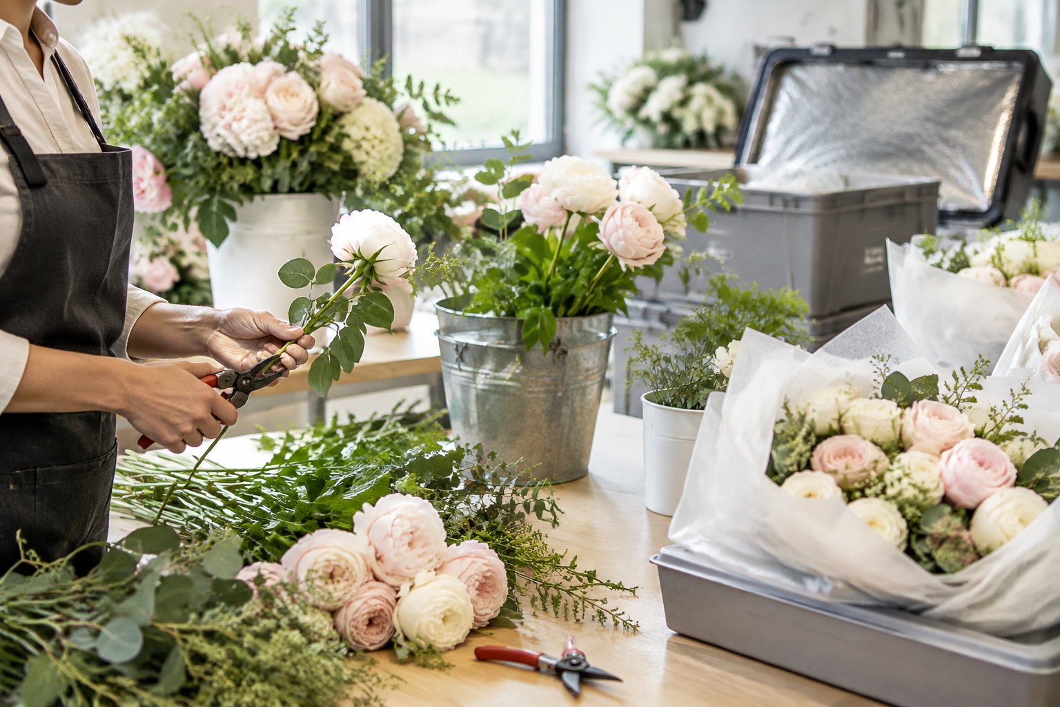 Florist preparing fresh wedding flowers and packaged bouquets for delivery.