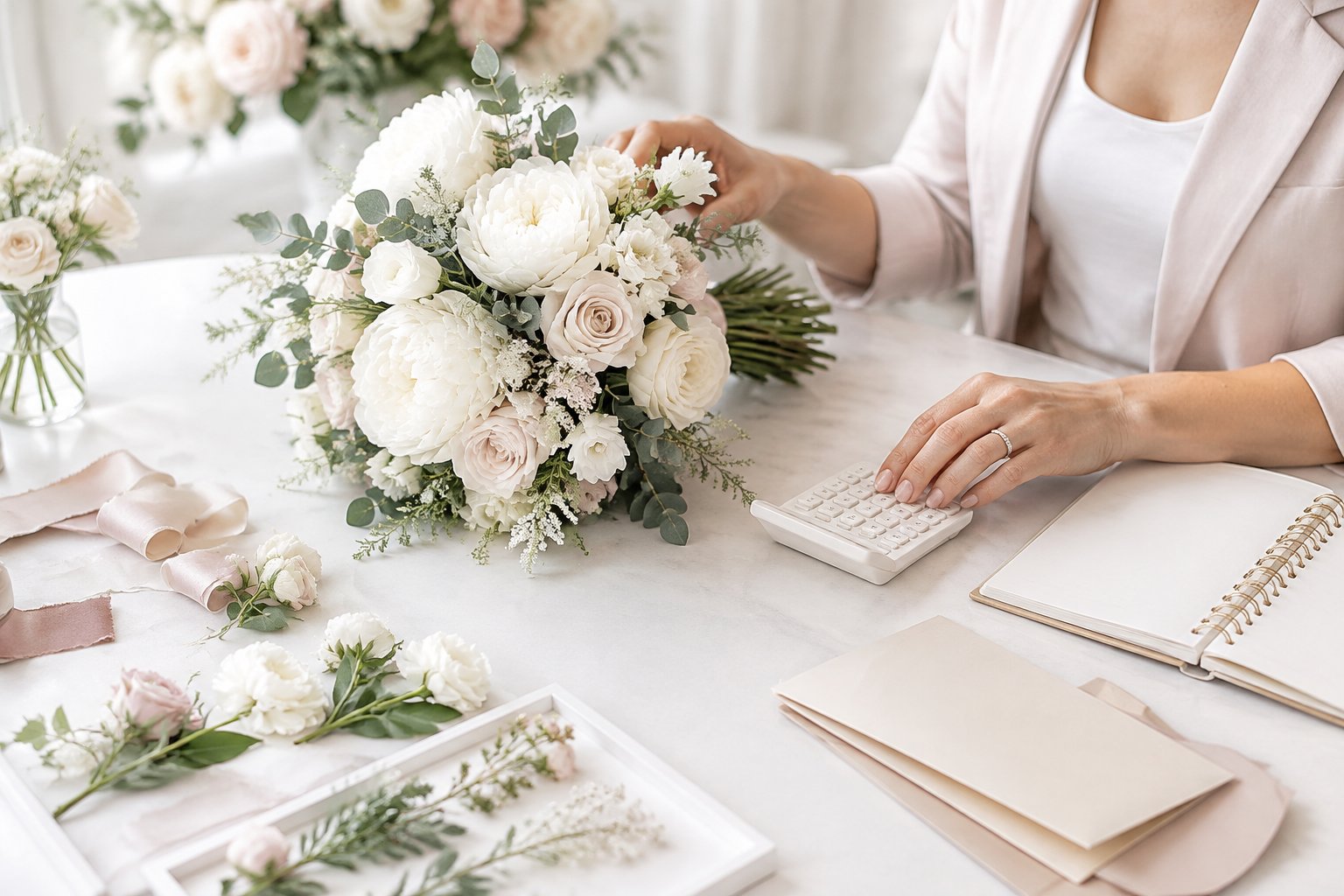 A florist reviews a wedding bouquet and floral budget materials on a consultation table.