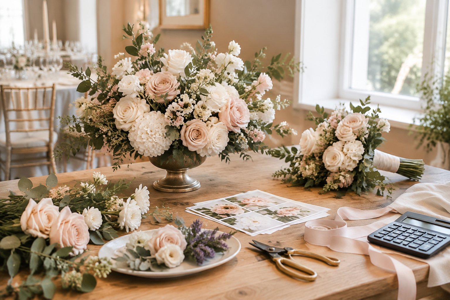 Wedding flowers, bouquets, and florist tools arranged on a reception table.
