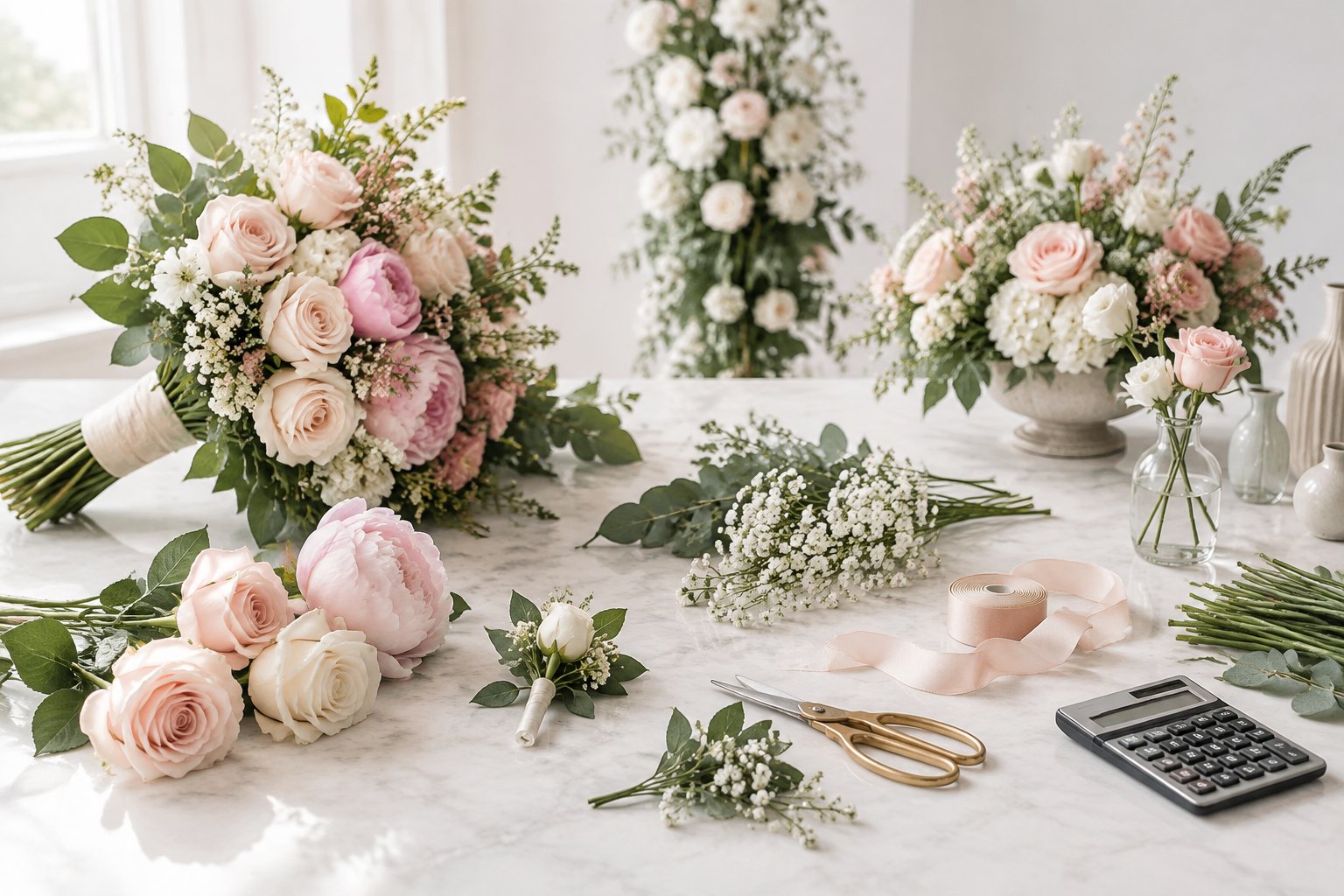 Wedding flowers, greenery, vases, and planning tools arranged on a tabletop.