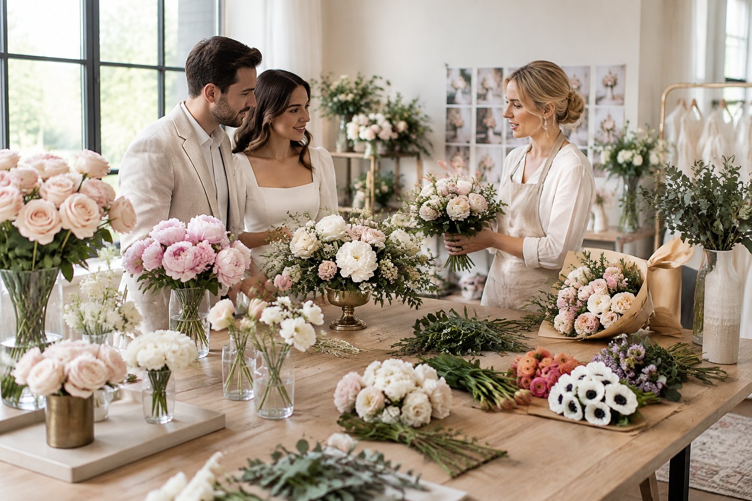 A couple discusses wedding flower options with a florist at a table covered with bouquets, loose stems, and centerpiece samples.