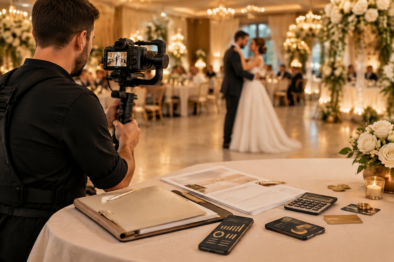 A wedding videographer films a couple during their first dance while budgeting items rest on a nearby table.