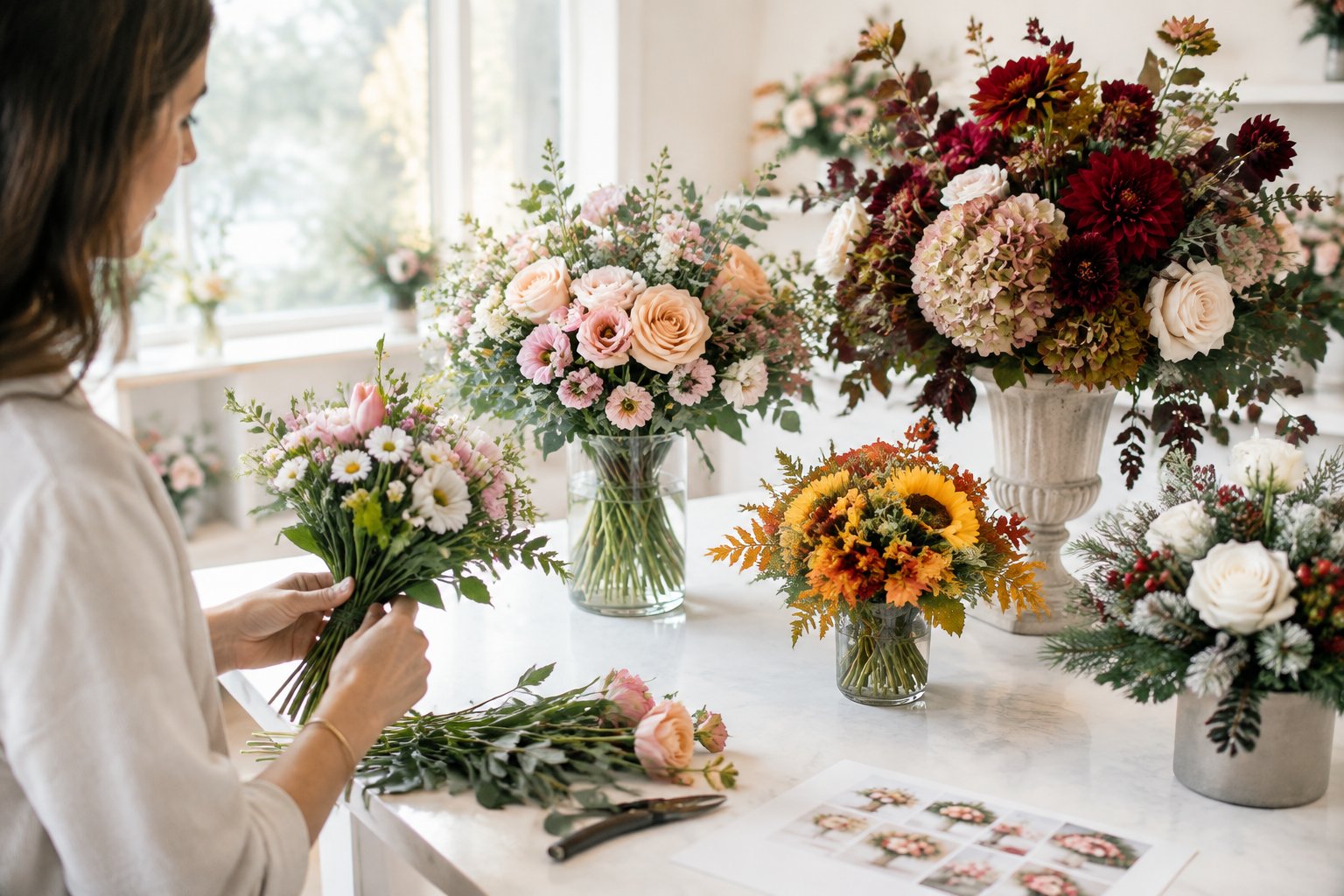A florist compares several wedding flower arrangements with different blooms and sizes on a studio table.