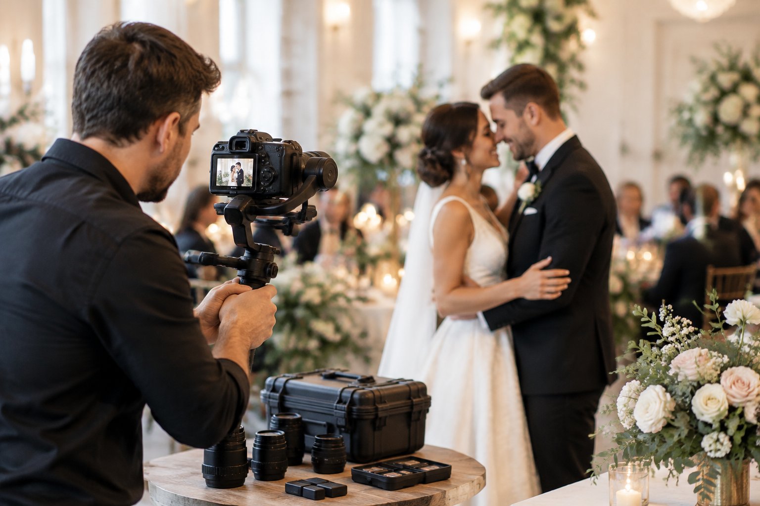 A wedding videographer records a happy couple at an elegant wedding reception.