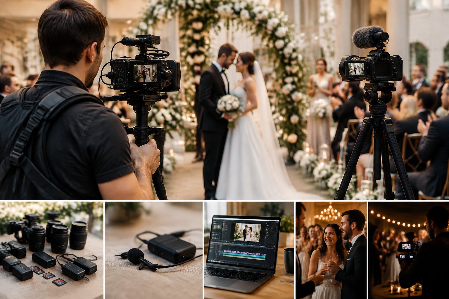 A wedding videographer films a newlywed couple while professional camera and audio equipment are set up nearby.