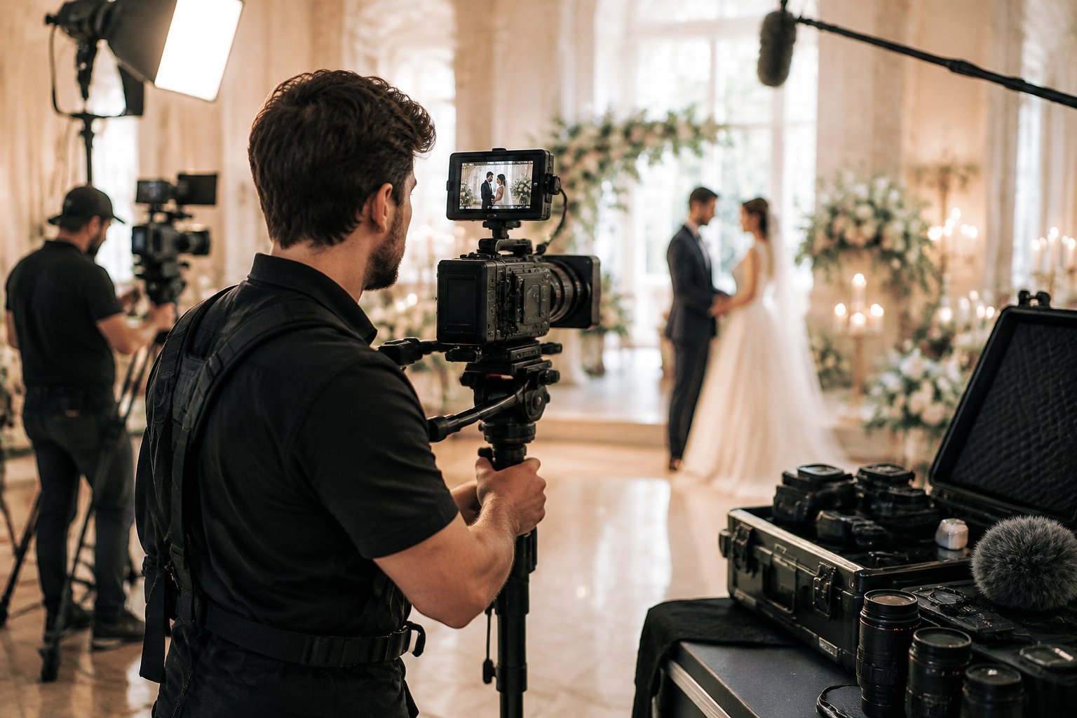 A wedding videographer records a couple while additional cameras and lighting equipment are set up nearby.