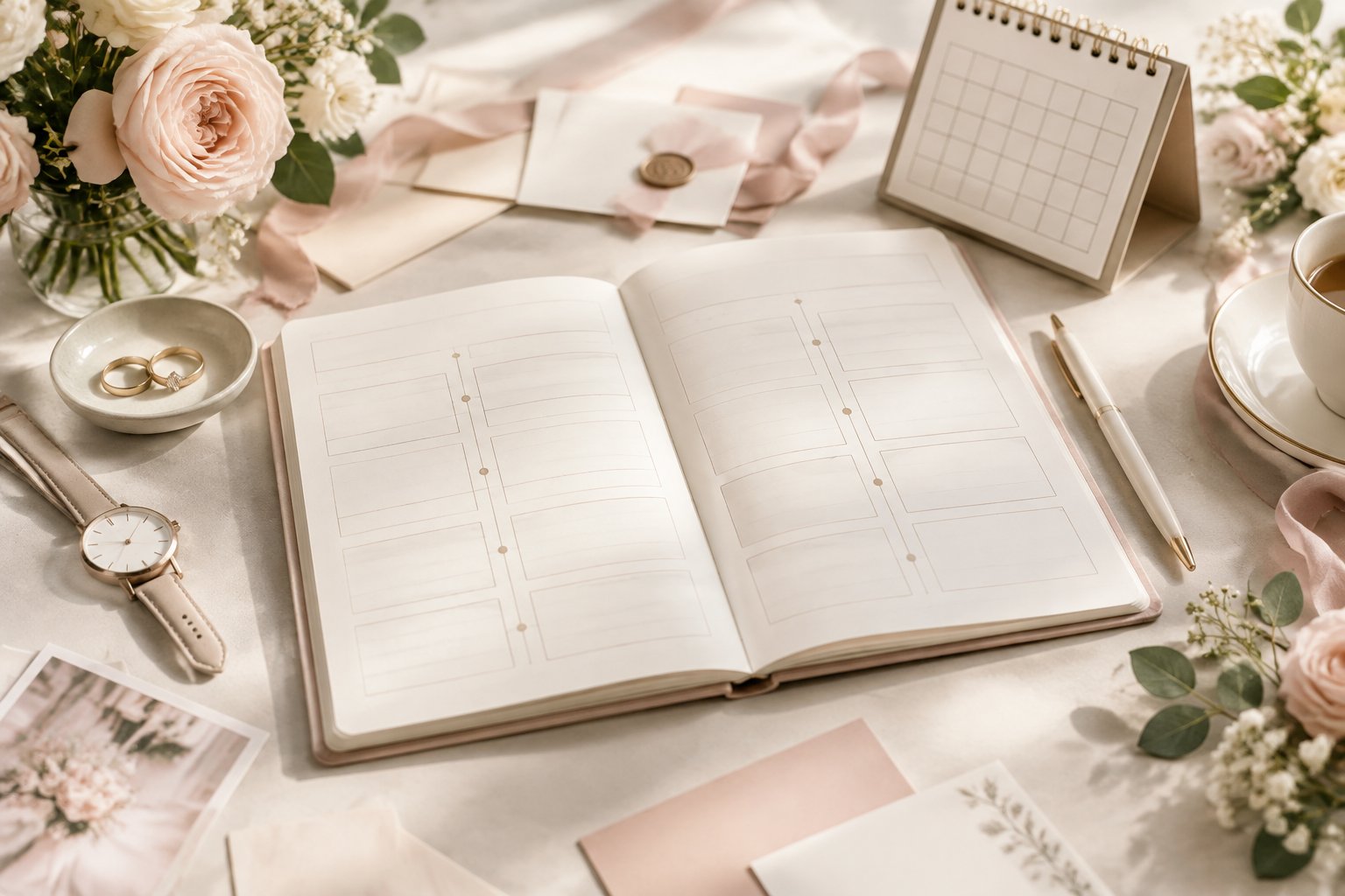 Wedding planning materials arranged on an elegant desk with rings, flowers, a pen, and a blank schedule booklet.
