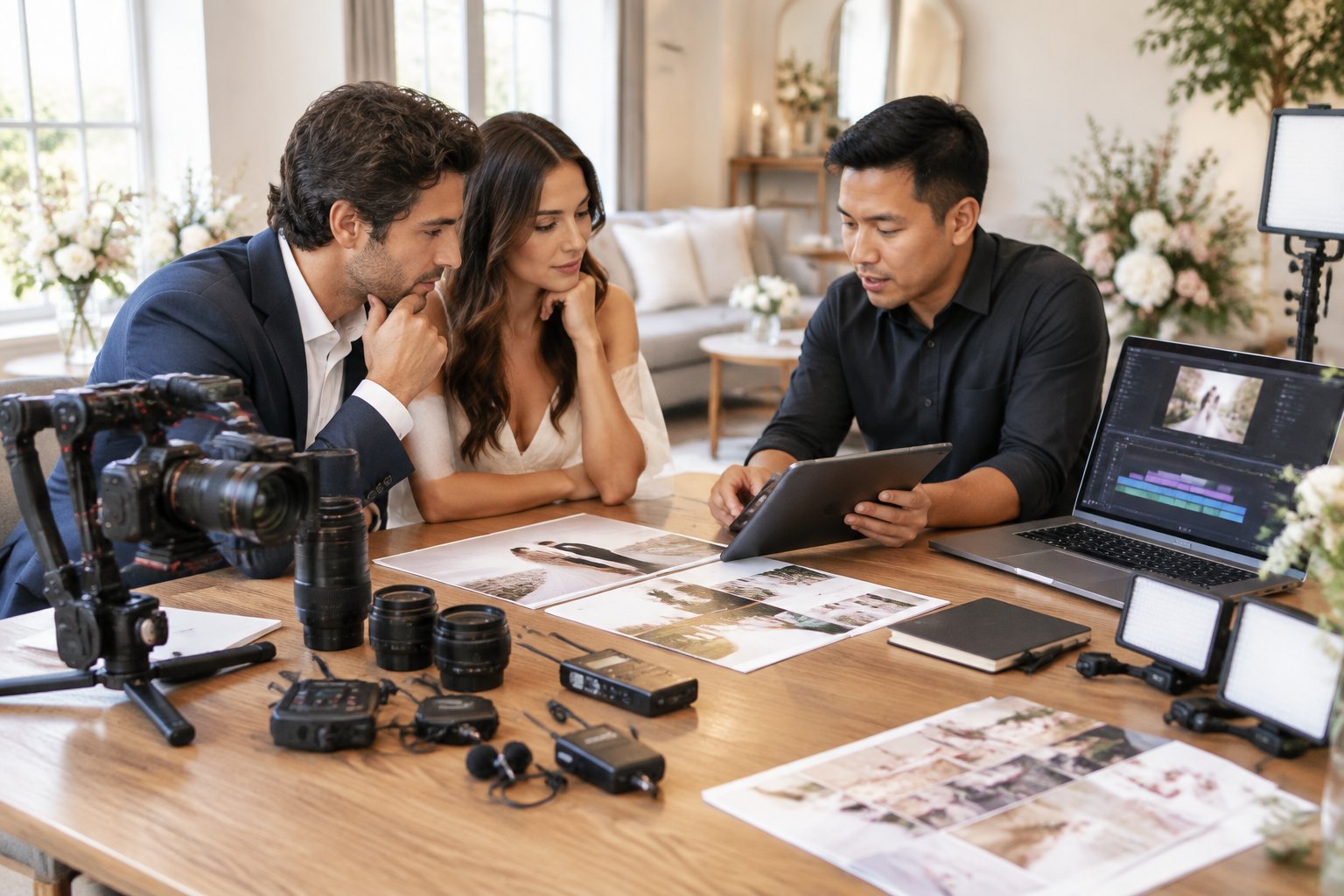 A couple discusses wedding videography options with a professional videographer while reviewing equipment and a tablet.