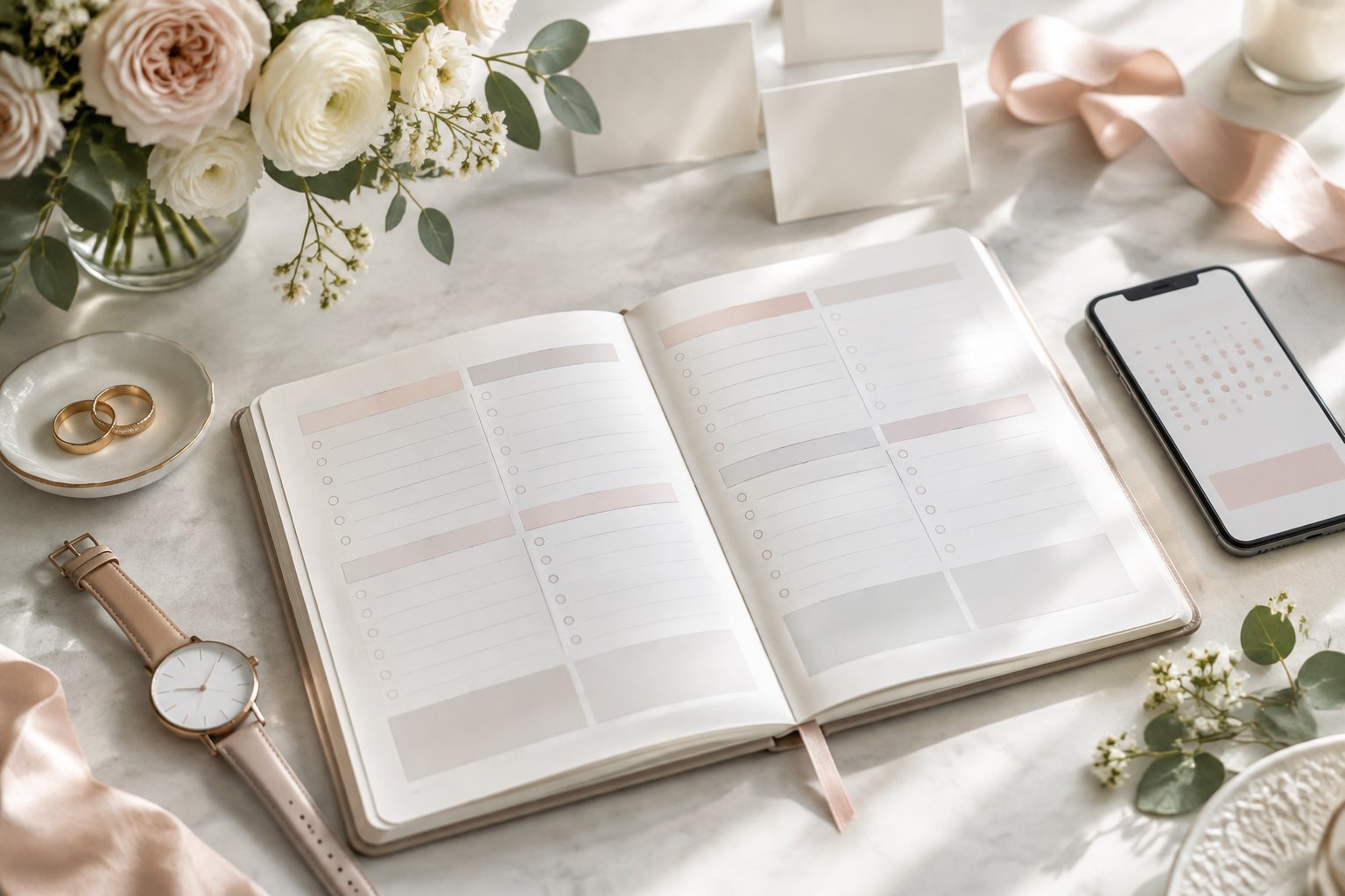Wedding planning materials arranged on a desk beside rings, flowers, and a watch.