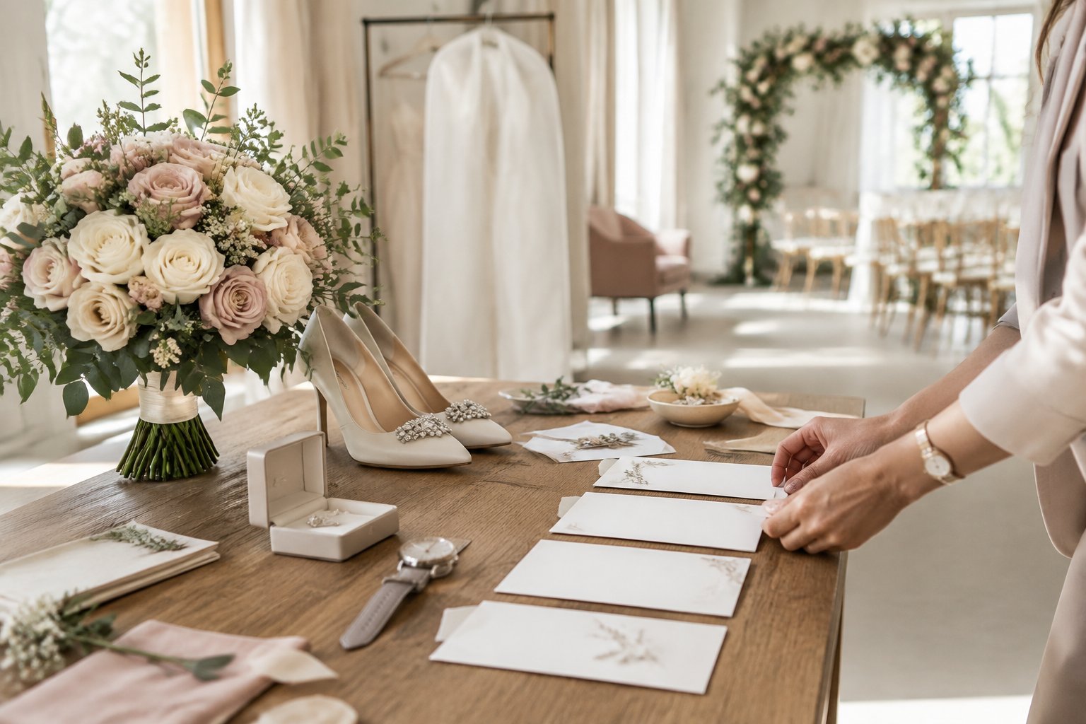 Wedding accessories and planning materials arranged at a venue before the ceremony.