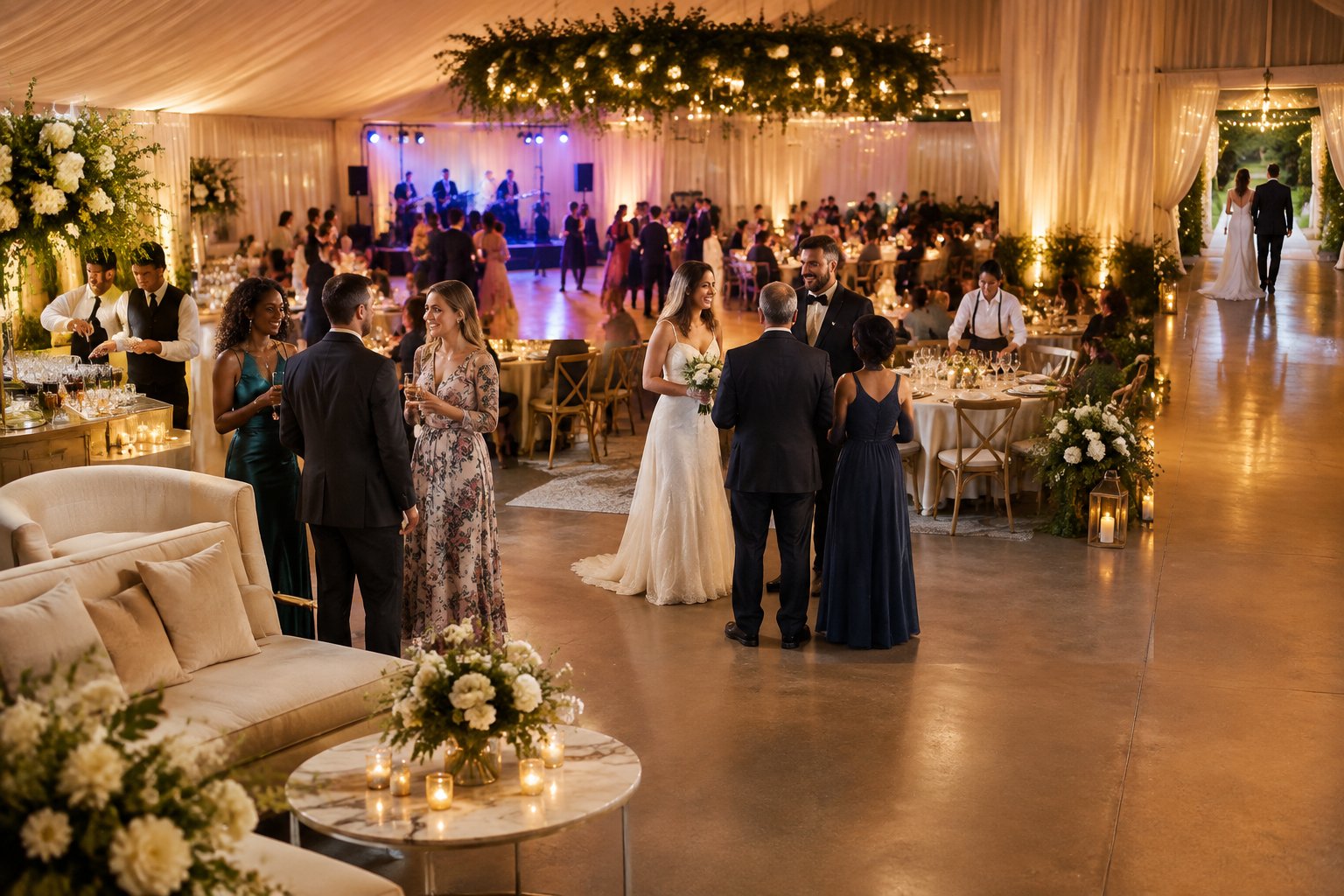 Wedding guests move from a cocktail area into an elegant reception with dinner tables, dancing, and a softly lit exit.