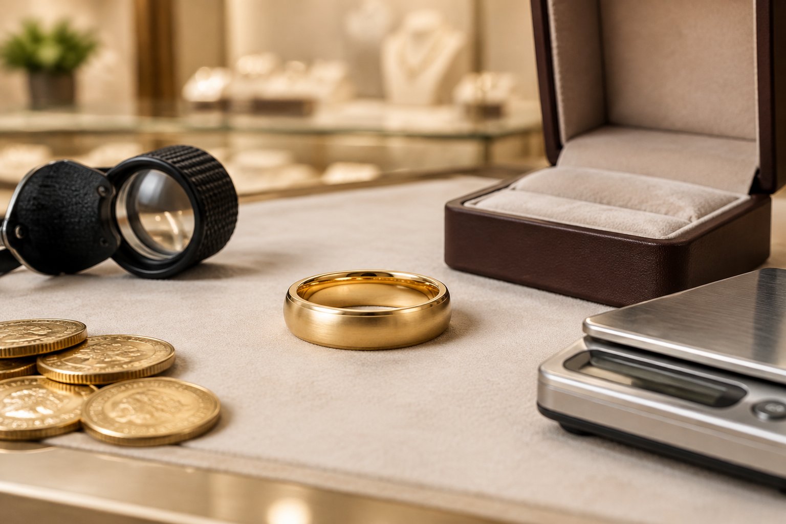 A 14k gold wedding band displayed beside a jewelry box, loupe, precision scale, and gold-toned coins.