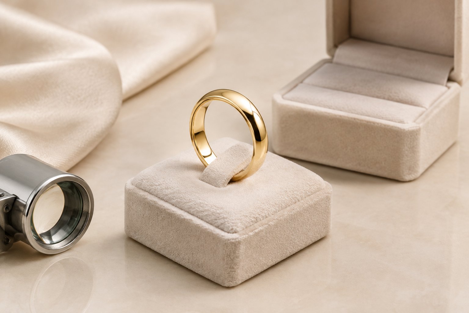 A polished 14k gold wedding band displayed beside an open jewelry box and a jeweler's loupe.