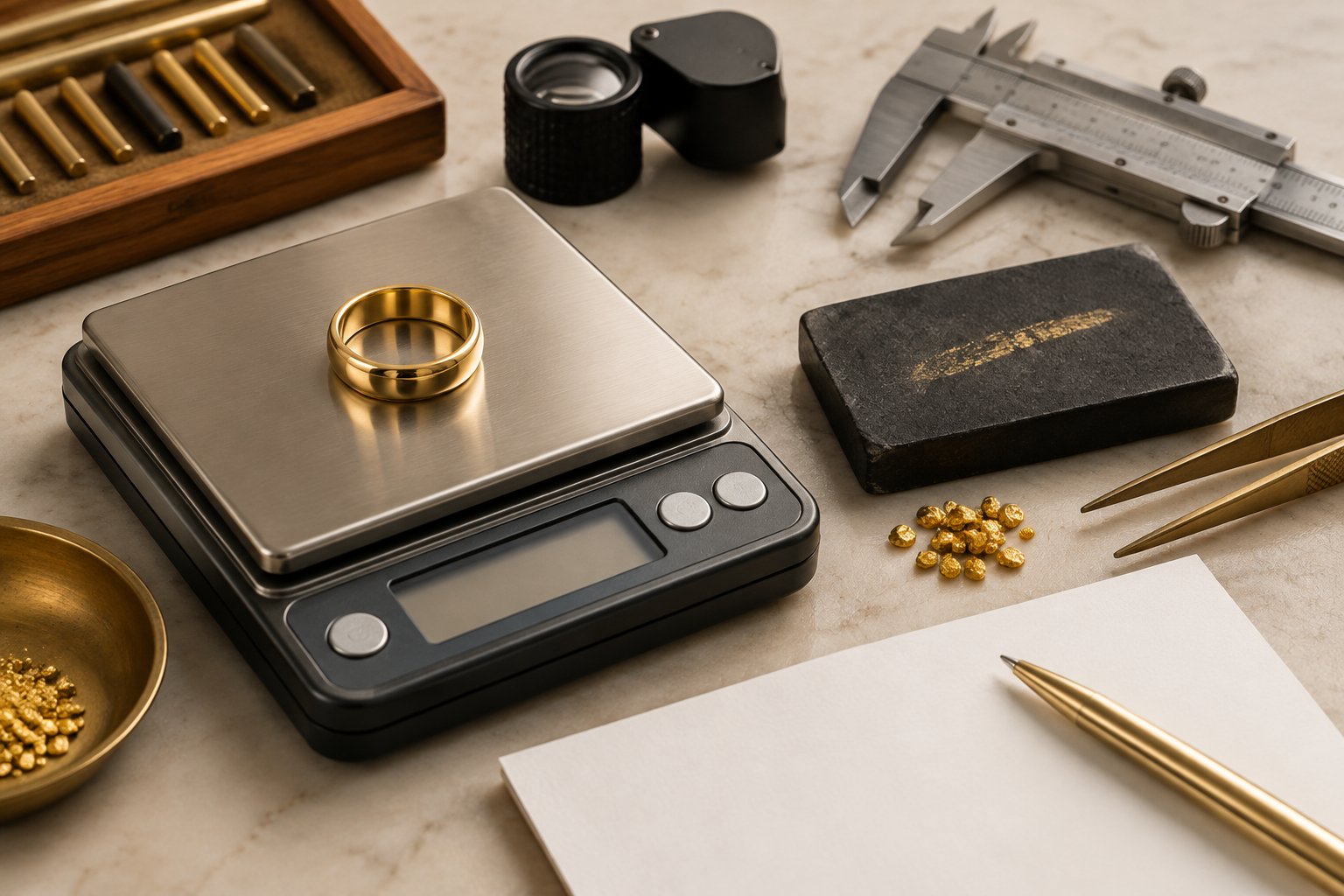 A 14K gold wedding band sits on a precision jewelry scale beside goldsmithing tools.