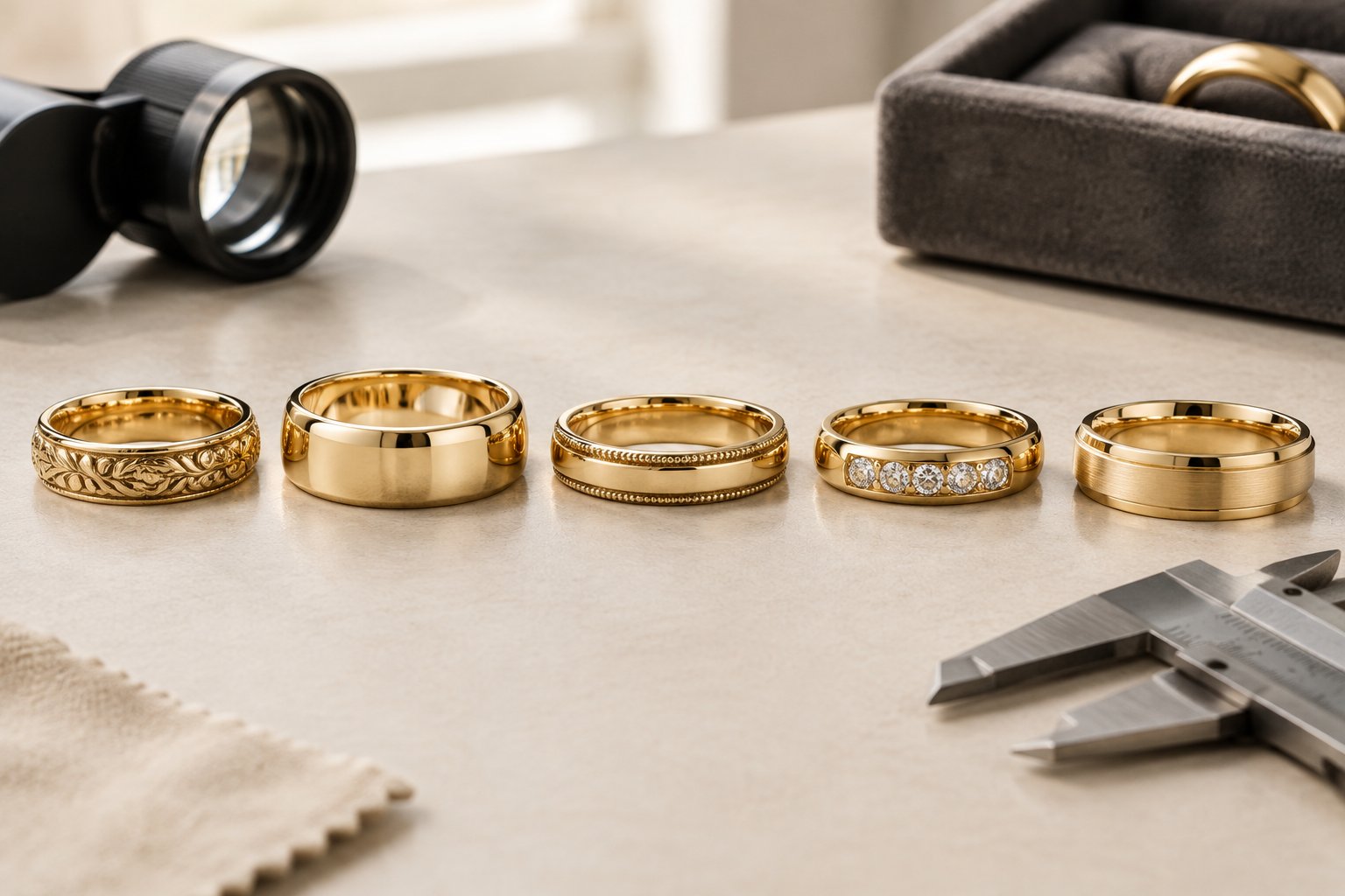A 14K gold wedding band with engraved details, diamonds, and polished and brushed finishes displayed on a jeweler’s work surface.