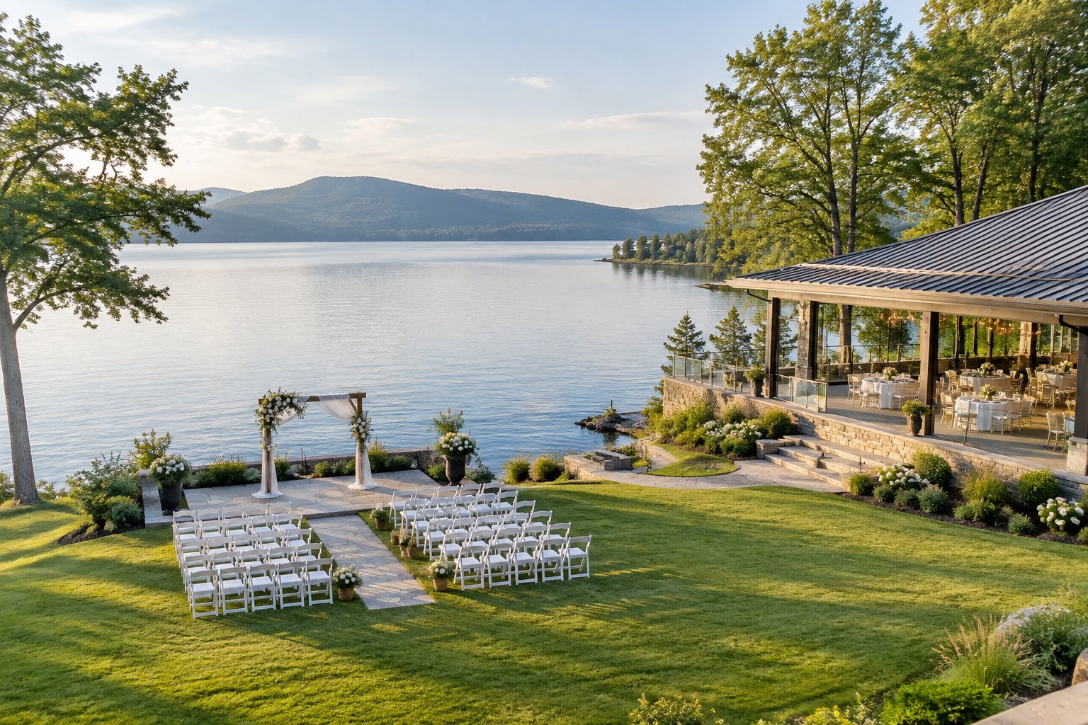 A lakeside wedding venue with white ceremony chairs, a floral arch, landscaped grounds, and a reception pavilion overlooking calm water.