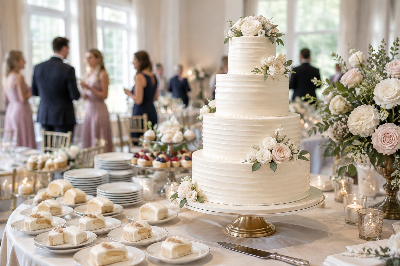 A tiered wedding cake displayed on a reception table with dessert portions and guests in the background.