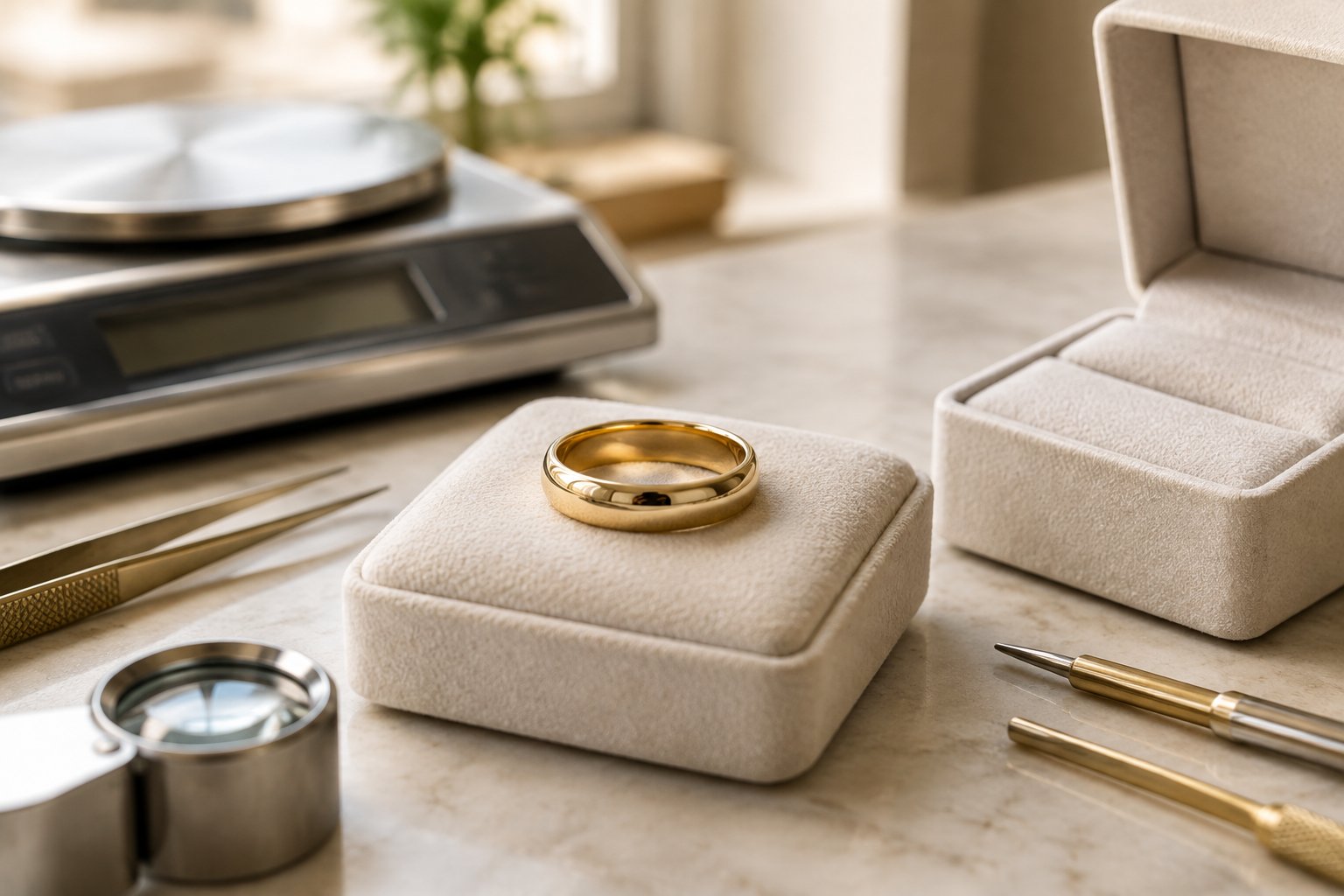 A polished gold wedding band rests on a jewelry cushion beside an open jewelry box and a small weighing scale.