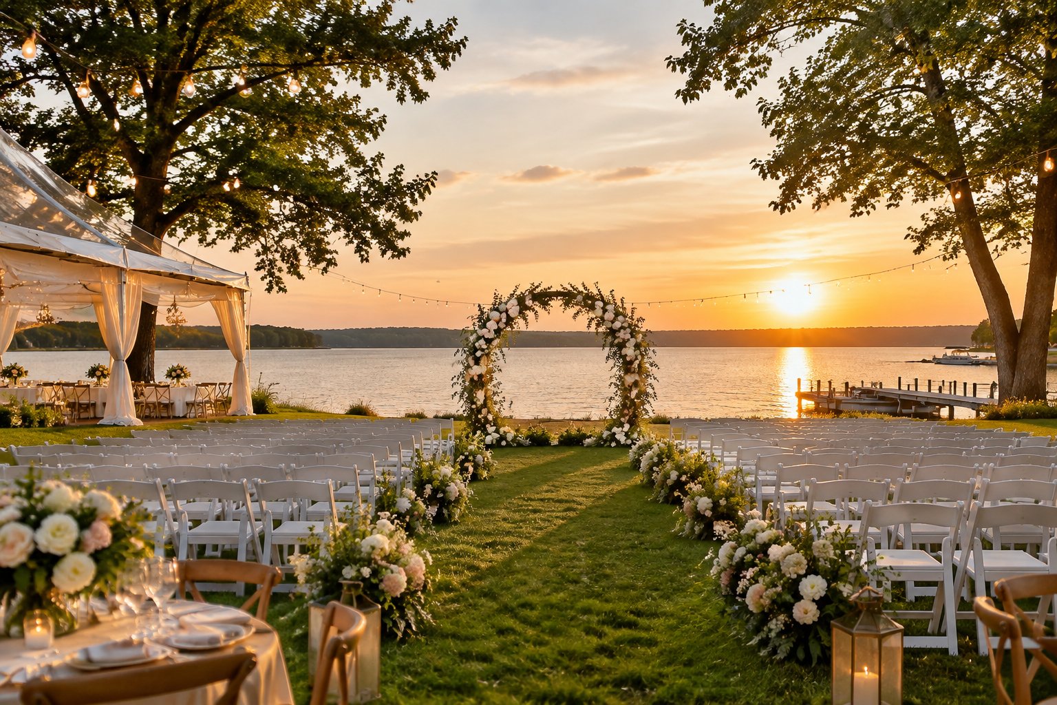 An elegant outdoor wedding ceremony setup overlooking a calm lake at sunset.