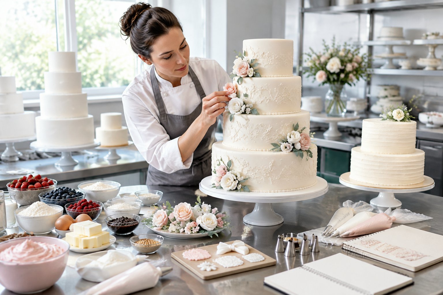 A baker decorates an ornate tiered wedding cake beside a simpler cake and assorted decorating supplies.