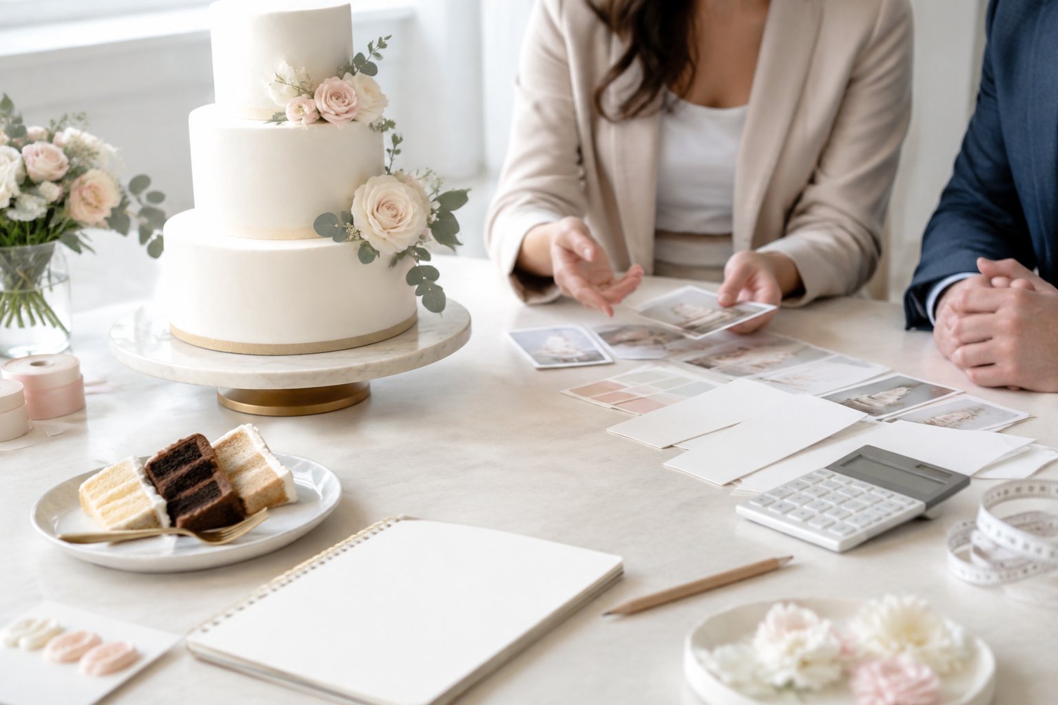 A couple reviews wedding cake options and budgeting materials beside a tiered cake and tasting slices.